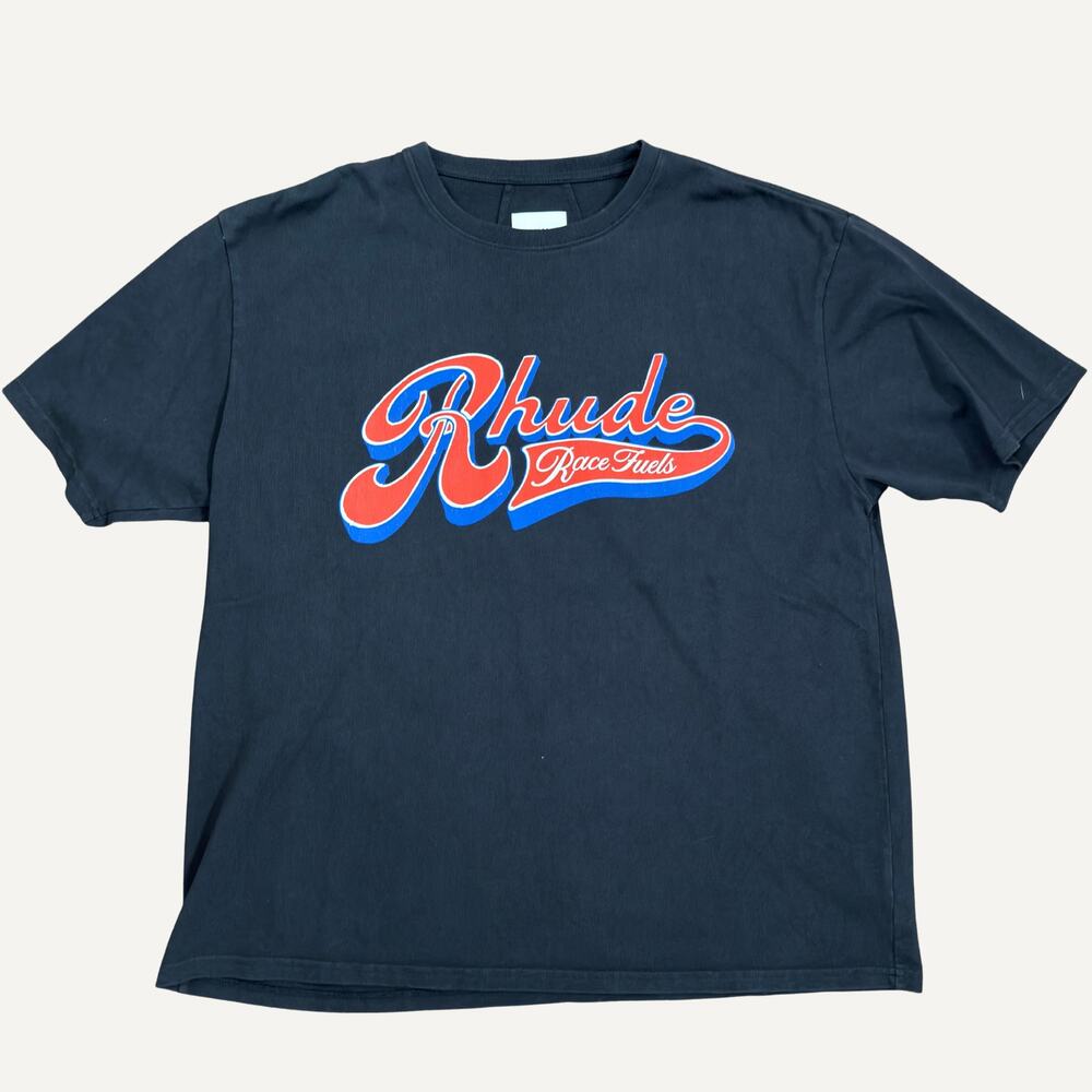 Rhude Race Fuels Retro Script Logo Graphic Tee Black Size XL Men's